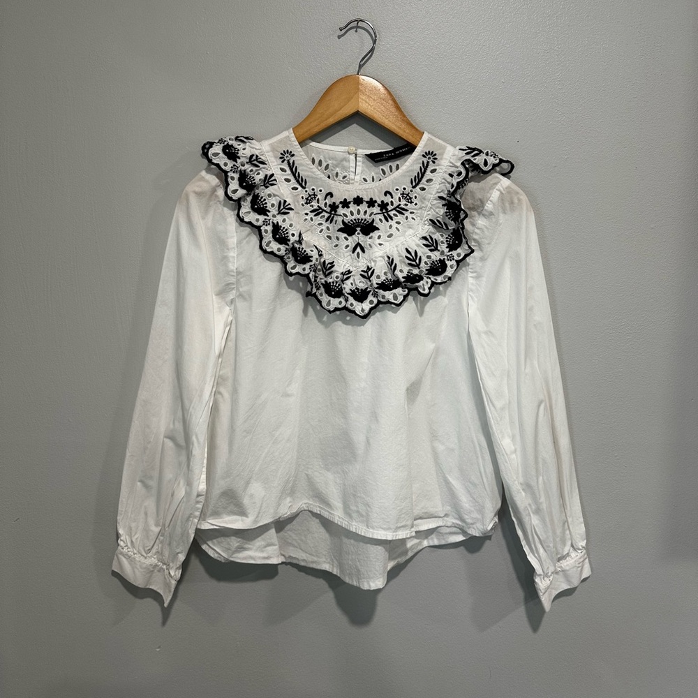 Zara White and Black Embellished Bishop Sleeve Blouse